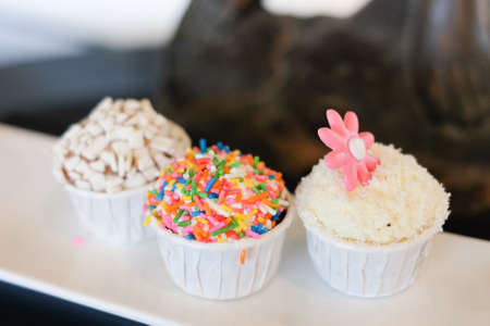 Mini homemade beautiful chocolate cup cake for dessert background or texture.の写真素材
