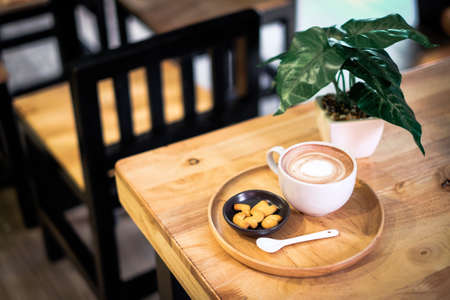 Cup of hot cocoa (coffee or latte) decorated with milk forth on the surface placed on a wooden tray, wooden spoon, cookies and plant for beverage/drink background or texture healthy diet concept.の写真素材