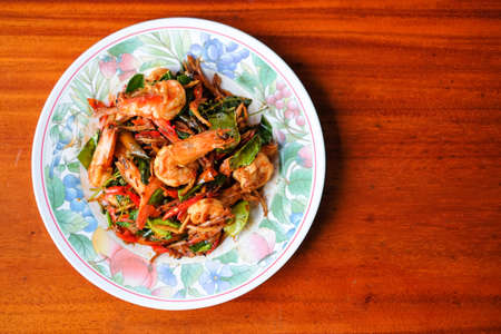 The hot fried stir spicy giant shrimp serve on dish.の写真素材