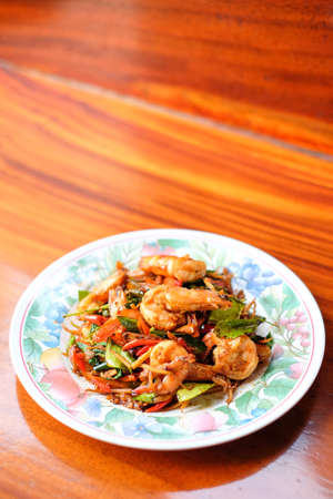 The hot fried stir spicy giant shrimp serve on dish.の写真素材