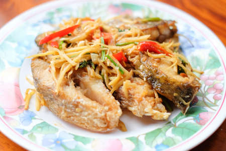 Close up stir-fried spicy sea bass with finger root - homemade Thai food concept.の写真素材