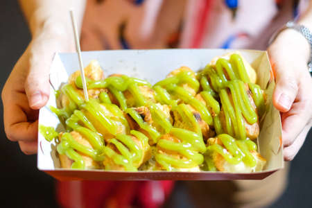 Homemade grill chinese bread stick (chinese donut or beh teung guai) with pandan cream at Yaowarat...