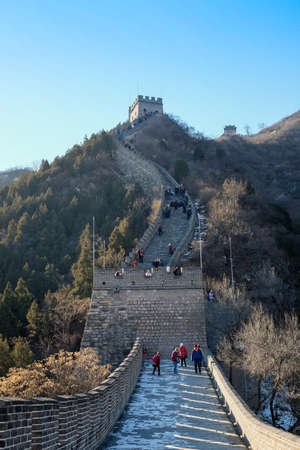 Beijing, China - December 12, 2019 : Famous landmark china is great wall and mountains with many people.のeditorial素材