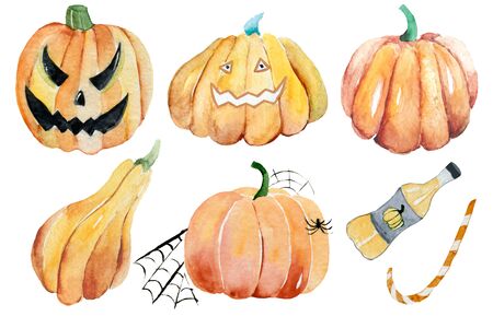 Set of hand-drawn elements painted in watercolor. Cute illustratio ns for Halloween. Watercolor halloween collection. Artistic autumn constructor clip art.の写真素材