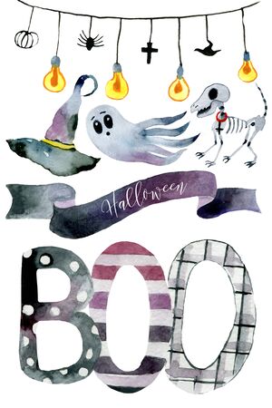Set of hand-drawn elements painted in watercolor. Cute illustratio ns for Halloween. Watercolor halloween collection. Artistic autumn constructor clip art. In the picture: garland, cast, dog skeleton, sign, witch hat, Boo inscription. @Boykota_artの写真素材