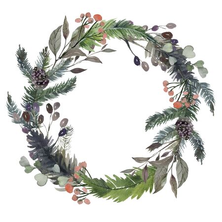 Watercolor colorful floral greeting decoration wreath set with mistletoeの写真素材