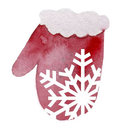 Christmas greeting card, knitted mittens background. Watercolor texture. Mittens with white snowflakeの写真素材