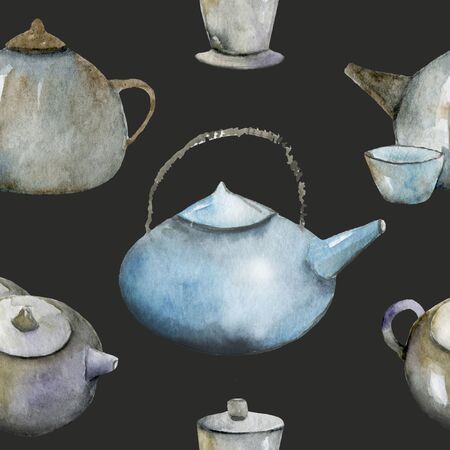 Seamless pattern with chinese tea, teapot, cups, moon cakes, flower for mid-autumn festival. Translation: Happy Mid Autumn Festival on Chuseokの写真素材