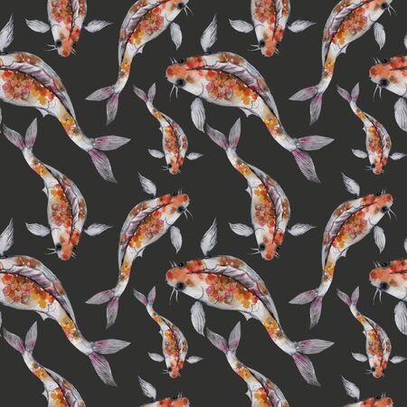 seamless pattern with carps watercolor, white, woodcut, yellowの写真素材