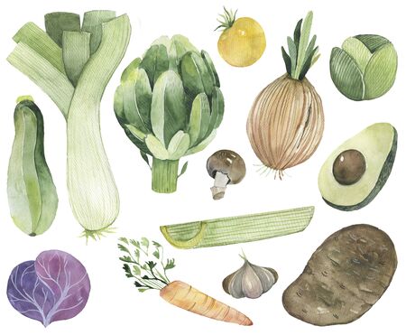 Vegetables set drawn watercolor blots and stains with a spray pumpkin, beet, pepper, cucumber on kraft paperの写真素材