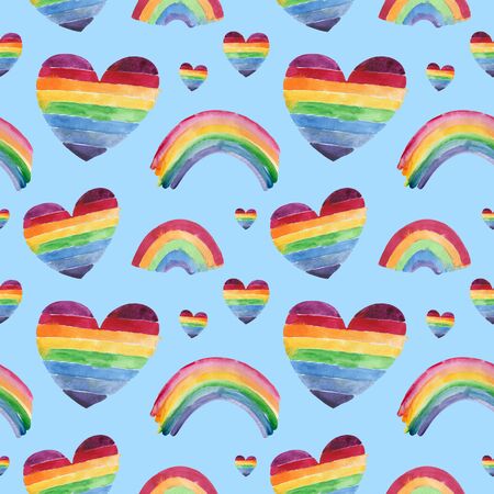 Seamless pattern with heart sign colored in LGBT rainbow flag on blue background.  illustration.