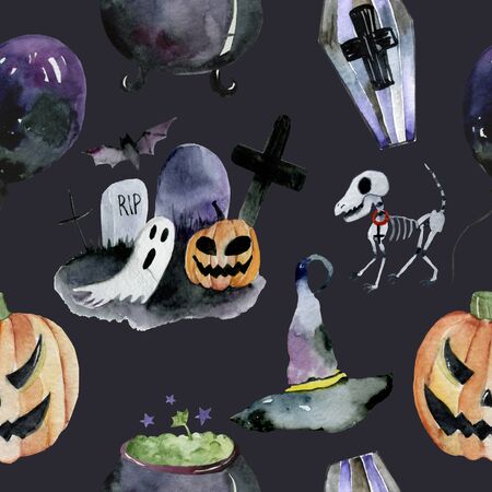 seamless pattern for Halloween. Pumpkin, ghost, bat, candy, and other items on Halloween theme. Bright cartoon pattern for Halloweenの写真素材