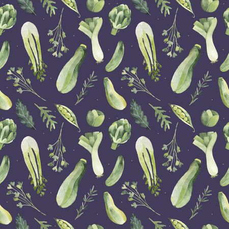 Vegetarian seamless pattern. Watercolor. seamless texture with detailed hand-painted vegetables.の写真素材