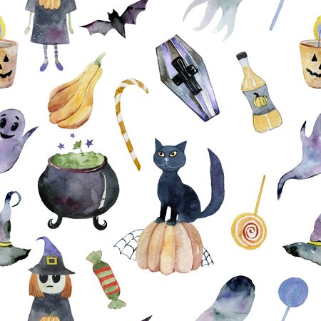 Seamless pattern for Halloween. Pumpkin, ghost, bat, candy, and other items on Halloween theme. Bright cartoon pattern for Halloweenの写真素材