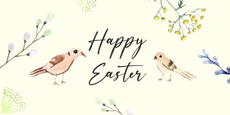 happy Easter greeting card. Birds and plants on a yellow background. Watercolor illustration