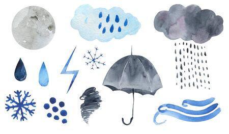 Cute weather icons. Forecast meteorology watercolor symbols.の写真素材