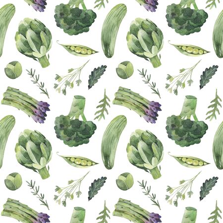 Seamless pattern on a white background, watercolor green vegetables illustrations.の写真素材