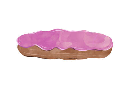 Several eclairs with chocolate, white and pink icing on a white background.