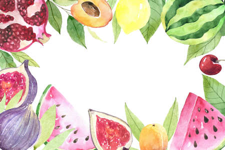 Mixed Tropical Fruits, Frame, Border. colorful square background with watercolor fruits. Background for packaging, cards and posters.の写真素材
