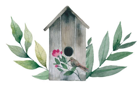 Birdhouse with flowers and birds. Wall sticker. Artistic, color, hand-drawnの写真素材