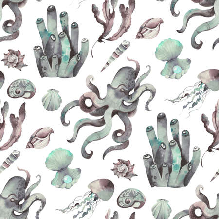 Underwater Sea animals pattern - seashells, seaweed, octopus stingray fish Seamless Patternの写真素材
