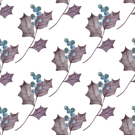 Winter Seamless pattern with watercolor holly berries. Christmas rowan backgroundの写真素材