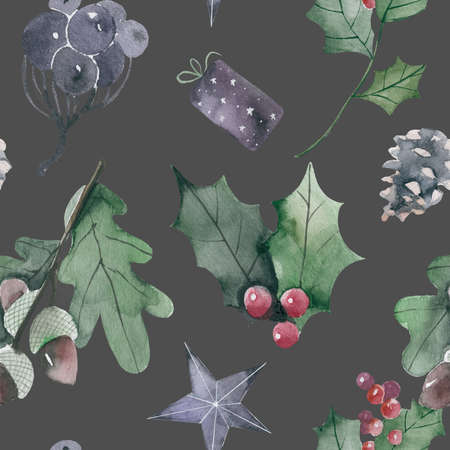 Watercolor Christmas seamless pattern with winter floral. botanical illustration. Colorful.の写真素材