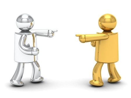 3d illustration of man pointing finger and yelling at another person. 3d rendering of disputed and conflict people - human character.の写真素材