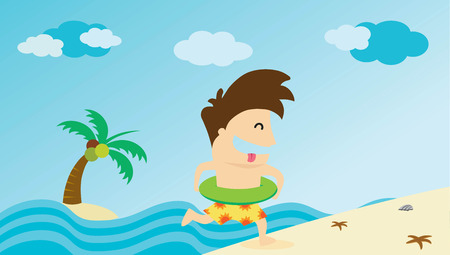 Man running to summer beach. Vector illustration.のイラスト素材