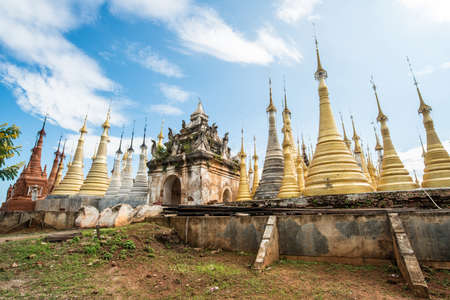 The group of ancient pagoda named Shwe-Indein located in Inle lake of Myanmarの写真素材