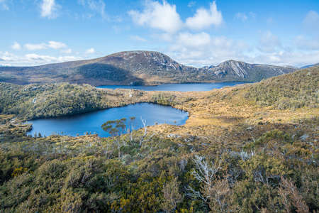 The scenery view of Lake Lila and Dove Lake view from the top of Wombat peak in Cradle mountain of Tasmania, Australia.の写真素材