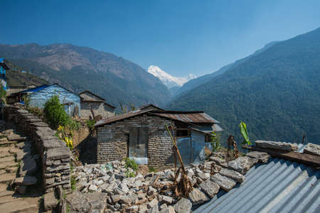 View of local Sherpa village in Annapurna region, Nepal.の写真素材
