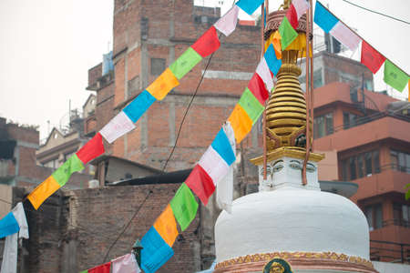 The stupa and prayer flag in Tibatan style in Kathmandu the capital cities of Nepal.の写真素材