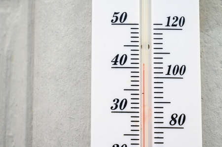 Close-up of indicator in thermometer showing temperature 40 degrees celsius (it mean very hot). Thermometer is a device for measures temperature by read the visible scale that is marked on a mercury.の写真素材