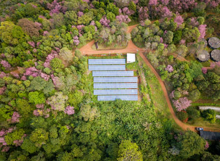 Aerial view of Solar cell panels installation on the high mountains in remote area of Northern...