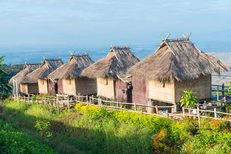 Group of countryside cottage in Akha hill tribe village on Doi Sango (or Doi San-go) mountain in Chiang Saen district of Chiang Rai province, Thailand.の写真素材
