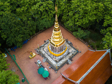 Aerial view of Wat Phra That Chom Kitti an ancient pagoda in Chiang Saen district of Chiang Rai province of Thailand.の写真素材