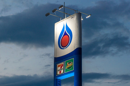 Chiang Mai, Thailand : April-30-2018 : The PTT fuel gas station sign, one of an iconic most popular fuel brand in Thailand.のeditorial素材
