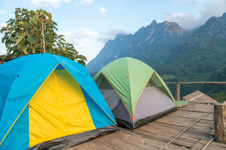 Tourist tent with the spectacular view of Doi Luang Chiang Dao the 3rd highest mountains (2,275 metres) in Thailand.の写真素材