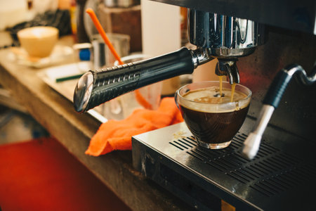 Coffee machine are cooking appliances used to brew espresso coffee.の写真素材