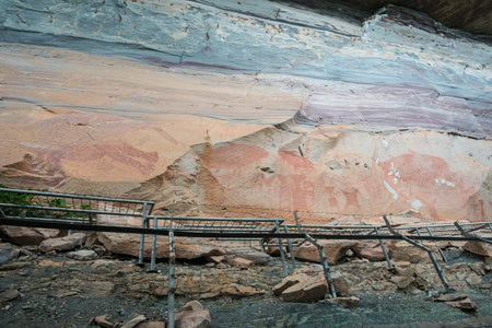 The prehistoric art painting of Pha Taem National Park in Ubon Ratchathani Province of Isan, Thailand.の写真素材
