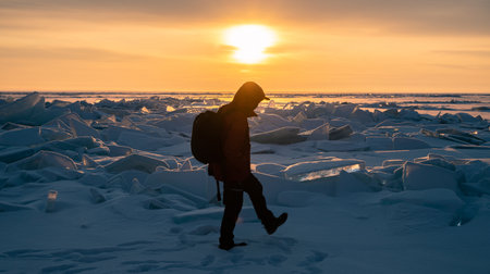 Silhouette of tourist walking on ice surface with ice hummock rising above the frozen lake of Baikal...