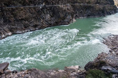 The landscape of Tiger Leaping Gorge in Yunnan province of China. Scenic spot where a tiger is said...