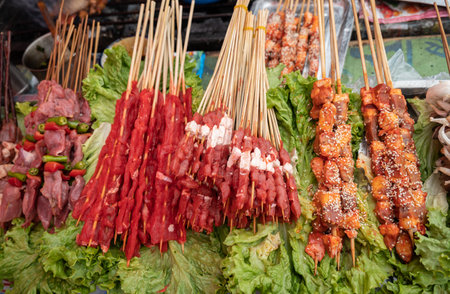Yak skewer selling in local market in Shangri-la town of China. Yak meat is a high-protein and...
