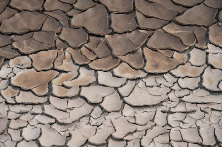 Full frame shot of mudcrack surface and background. Crack formation also occurs in clay-bearing soils as a result of a reduction in water content.の写真素材