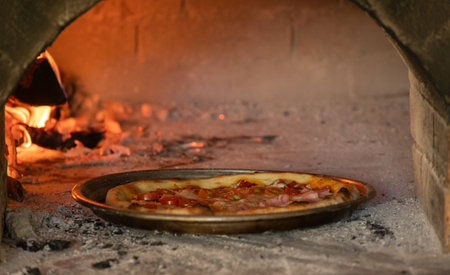 A pizza baking in wood fired oven. It can also be used to dry and smoke food. Cooking on a wood fire...