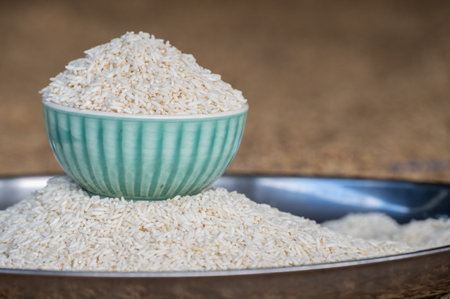 White rice in a ceramic bowl. Rice is a staple crop for much of the world's population.の写真素材