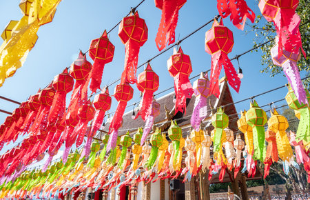 Traditional paper lantern decoration in Buddhist temple in Chiang Rai province of Thailand. It's thought to bring good luck to anyone who lights a lantern.の写真素材