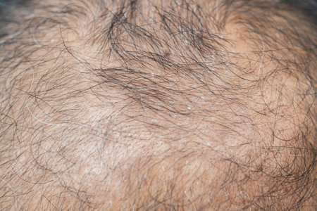 Cropped shot view of bald spot on Asian men's head with dandruff. Dandruff is a common condition that causes the skin on the scalp to flake.の写真素材