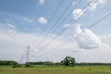 A transmission tower in rural area of Thailand. Transmission towers (electrical pylons) carry large amounts of high-voltage current over long distances.の写真素材
